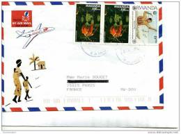 Enveloppe Avec 3 Timbres Et Collage Lamelles Bois - Artisanat Du Rwanda - Avion FALCON - 2 Scans - Gebruikt