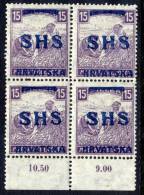 YUGOSLAVIA 1918 15 F. Harvesters With White Numerals With SHS Overprint In Block Of 4 MNH / **.  Michel  63 - Nuovi