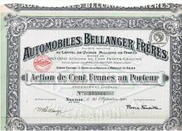 92 NEUILLY ACTION 100frs AUTOMOBILES BELLANGER FRERES  Signée M BELLANGER P FENAILLE - Automobilismo