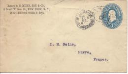 Enveloppe 1c Bleu Cachet Ovale New York P Pour La France Cachet D'arrivée Au Havre Le 16/12/1899 - ...-1900