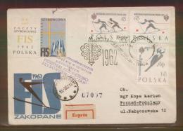 POLAND 1962 BOCIAN DELAYED GLIDER FLIGHT COVER 1 CINDERELLA LABEL1 PURPLE DELAY CACHET FIS SKIING FDC SET CINDERELLA - Lettres & Documents