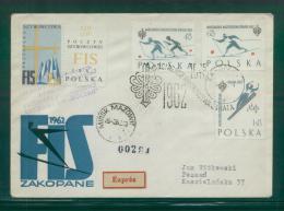 POLAND 1962 BOCIAN DELAYED GLIDER FLIGHT COVER 1 CINDERELLA LABEL 2 PURPLE DELAY CACHET FIS SKIING FDC SET CINDERELLA - Gliders