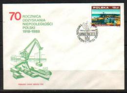 POLAND FDC 1988 70TH ANNIV OF GAINING INDEPENDENCE AFTER WW1 1918-1988 SERIES 6 Port Gdynia Ship Crane Container - WO1