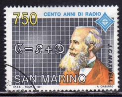 REPUBBLICA DI SAN MARINO 1991 INVENZIONE RADIO INVENTION JAMES CLERK MAXWELL LIRE 750 USATO USED OBLITERE' - Oblitérés