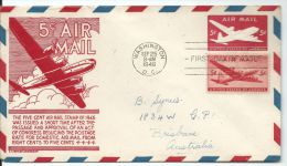 1946 5 Cent Stamped Envelope  + 5 C Stamp US Air Mail FDI  Washington To Brisbane Australia  Front & Back Shown - 2c. 1941-1960 Cartas & Documentos