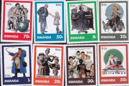 G)1981 RWANDA, ARTWORK NORMAN ROCKWELL, CLOWN-DOG-SANTACLAUS-KIDS-PIANO-MUSICIANS, SET OF 8, MNH - Ungebraucht