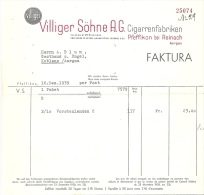 Rechnung  "Villiger Söhne AG, Cigarrenfabrik, Pfeffikon Bei Reinach"            1939 - Suisse