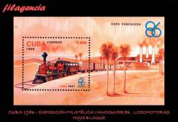 CUBA MINT. 1986-14 EXPOSICIÓN FILATÉLICA VANCOUVER 86. TRENES. HOJA BLOQUE - Ungebraucht