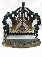 1960 ISRAEL LIONS COLORED HANUKKAH MENORAH LAMP - Bronzi