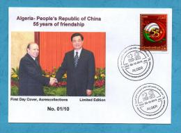 Algeria China Presidents Shaking Hands, 55th Anniv. Diplomatic Relations Algerie Chine Drapeaux Flags 2013 MNH ** - Covers