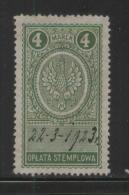 POLAND GENERAL DUTY REVENUE (OPLATA STEMPLOWA) 1921 EAGLE DESIGNS 4M GREEN PERF 13-14.5 BF#026B - Fiscaux