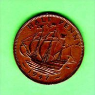 UK UNITED KINGDOM GREAT BRITAIN - 1947 - 1/2 Penny - KM 844 King George VI    XF - C. 1/2 Penny