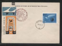 POLAND 1961 VII AIRCRAFT CHAMPIONSHIPS KATOWICE FLOWN COVER RED-VIOLET CANCEL PERF CINDERELLA LABEL AIRPLANE - Posta Aerea