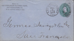 United States Postal Stationery Ganzsache Entier SAN BERNARDINO NATIONAL BANK, San Bernardino 1894 Cover Brief - ...-1900