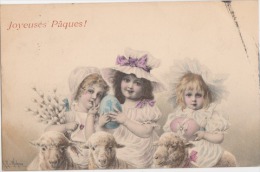 CARTE ILLUSTRATEUR JOYEUSES PÂQUES ENFANTS  AGNEAUX  Signé  WICHERA - Wichera