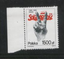 POLAND 1990 10TH ANNIV SOLIDARNOSC SOLIDARITY TRADE UNION NHM VICTORY SIGN HAND MARGIN COPY - Vignettes Solidarnosc