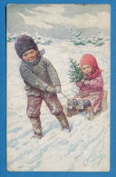 140510 / Austrian Art Karl Feiertag - WINTER YOUNG BOY GIRL SLEDGE TREE - B.K.W.I. 3174/6 - Feiertag, Karl