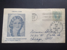 US, 1937 FDC - Virginia Dare, First Day Of Issue - 1851-1940