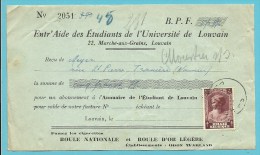 462 Op Recu Met Stempel LEUVEN (surtaxe / Toeslagzegel Rare Op Recu) !!!!! Hoofding "Universite De Louvain" - Lettres & Documents