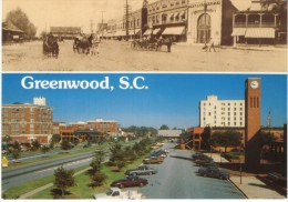 Greenwood SC South Carolina, 'Then & Now' Main Street Scene, C1990s/2000s Vintage Postcard - Greenwood