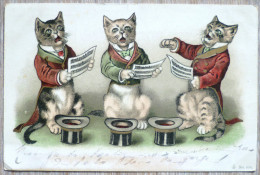 Cpa Litho Precurseur Illustrateur Wain ? BOULANGER ? Chat Trio Chats Humanisé Elegant Assis Chanson Chant Chapeau Dorure - Animaux Habillés