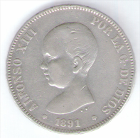 SPAGNA 5 PESETAS 1891 ALFONSO XIII AG SILVER - Autres & Non Classés