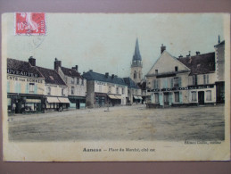 28 - AUNEAU - Place Du Marché, Côté Est. (Eglise, Commerces: Café Du Commerce, Epicerie, Traiteur...) Carte Toilée - Auneau