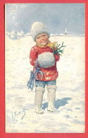 141323 / B.K.W.I. 3173-3 / Austrian  Art KARL FEIERTAG -  WINTER LITTLE BOY Horseshoe SKATES TREE - Feiertag, Karl