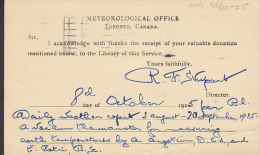 Canada Postal Stationery Ganzsache Entier Private Print METEOROLOGICAL OFFICE, Toronto 1925 To Sweden (2 Scans) - 1903-1954 Rois