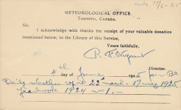 Canada Postal Stationery Ganzsache Entier Private Print METEOROLOGICAL OFFICE, Toronto 1925 To Sweden (2 Scans) - 1903-1954 Kings