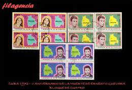 PIEZAS. CUBA. USADOS. 1972-19 V ANIVERSARIO DE LA MUERTE DE ERNESTO GUEVARA. BLOQUE DE CUATRO - Oblitérés