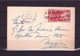 ITALY 1934 Letter To Foggia   Franked With 20 Cent "Marcia Su Roma" Cancelled With "Mostra Rivoluzione Fascista" - Autres & Non Classés