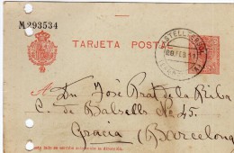 1438  Entero Postal Castelltersol 1911 Barcelona Alfonso Xlll Medallon - 1850-1931