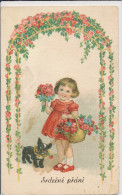 BAUMGARTEN, CHILDREN, BIRTHDAY, LITLE GIRL WITH FLOWERS & FRENCH BULLDOG, VF Cond. PC, Unused,  1930s, UNSIGNED - Baumgarten, F.