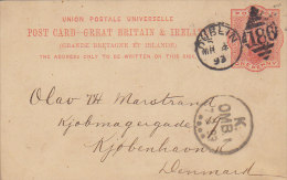 Great Britain Postal Stationery Ganzsache 1 P Victoria DUBLIN "186" Number Cds. 1893 Denmark (2 Scans) - Postwaardestukken