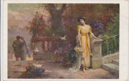 ZATZKA  HANS   LOVING COUPLE, YOUNG WOMAN IN GARDEN, DOVES, MEMORIES,  EX Cond. PC, Used 1920s - Zatzka