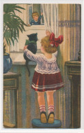 CHILDREN, LITTLE GIRL WITH  BLACK CAT BY THE WINDOW, BOY WAVING TO THEM, VF Cond. PC, Used 1920s - Schilbach