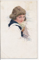 SCHILBACH, CHILDREN, LITTLE BOY IN SAILOR SUITE WITH TOY SAILING BOAT,   VF Cond. PC, Used 1920s - Schilbach