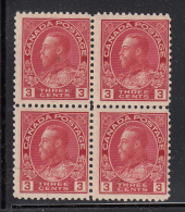 Canada MNH Scott #109 3c George V ´Admiral´, Carmine Block Of Four - Neufs