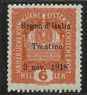 TRENTINO ALTO ADIGE 1918 SOPRASTAMPATO OVERPRINTED 6 HELLER MNH - Trentino