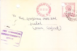India Meter Franking-1953-3/4 Anna-bombay-bombay, Baroda And Central India Railway - Lettres & Documents