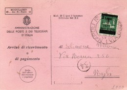 1945 RICEVUTA DI RITORNO  CON ANNULLO NAPOLI - Marcofilie