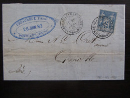 1883 Y&T 90 15c Sage Bleu Sur Lettre Cachet De Province Avec Levee Villefranche Rhone - 1898-1900 Sage (Type III)