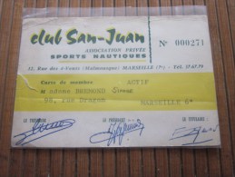 Carte De Membre Du Club San -Juan Association Privée Sport Nautique , Ski Malmousque Marseille Vignette 1964, 65, 66 - Duik