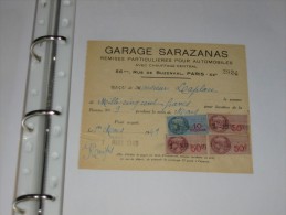 Facture Garage SARAZANAS  Automobiles Avec Chauffage Central 56 B Rue De Buzenval Paris Timbres Fiscaux - Drogisterij & Parfum