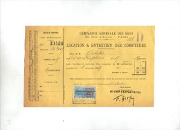 Compagnie Générale Des Eaux , Paris , Reçu , 1924 , Timbré , Location & Entretien Des Compteurs , Frais Fr : 1.80€ - Sonstige & Ohne Zuordnung