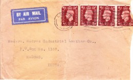 Great Britain 1937 Airmail Cover Posted From Leeds To Madras, India - Used Of 4v One And Half Pence Brown Stamps - Cartas & Documentos