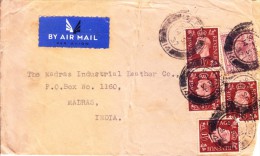 Great Britain 1937 Airmail Cover Posted From Leeds To Madras, India - Used Of 4v One And Half Pence Brown Stamps - Cartas & Documentos