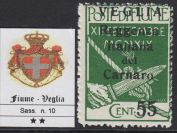 ITALIA - FIUME - VEGLIA - N. 10  - Catalogo 400 Euro  GOMMA INTEGRA  - MNH **   Very Rare - Arbe & Veglia