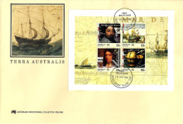 AUSTRALIA FDC TERRA AUSTRALIS SHIP MAN SET OF 4 ON M/S STAMPS DATED 10-04-1985 CTO SG? READ DESCRIPTION !! - Covers & Documents